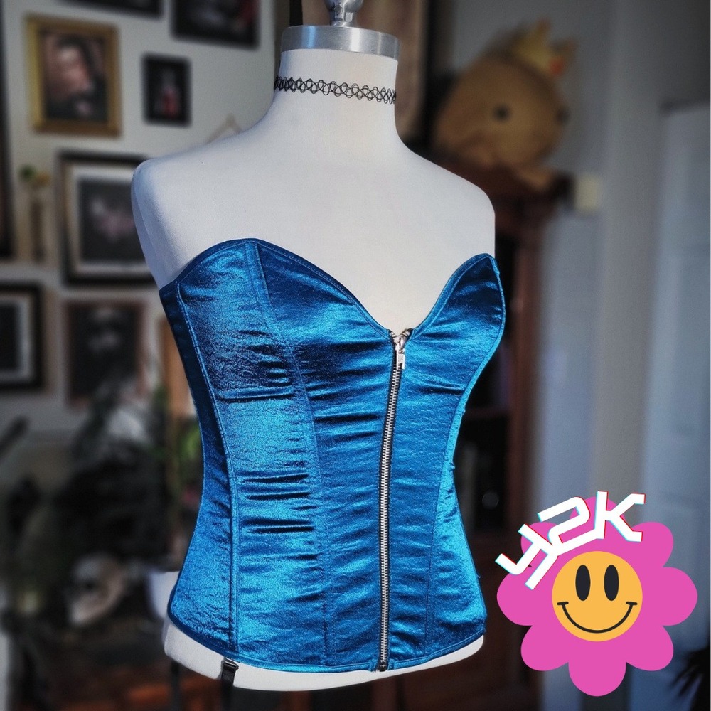 Frederick's of Hollywood Corset Top Blue Satin Vintage Y2K Bustier Lace Up Zip M